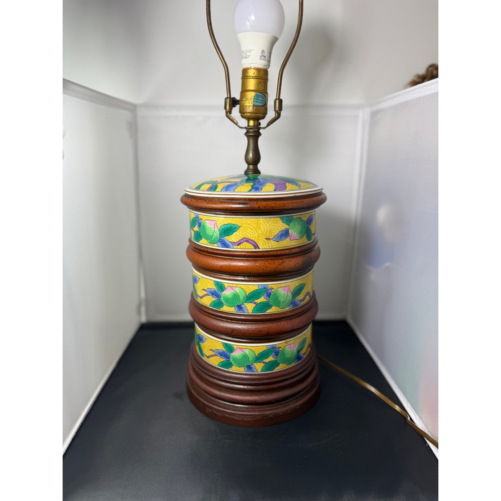 27" Vtg CHINOISERIE Porcelain wood Table Lamp Yellow Peach Bird Andrea Sadek